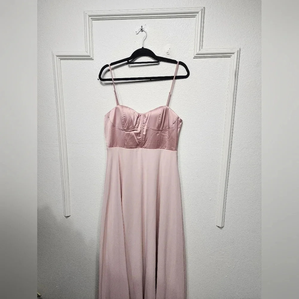 Lulus Best Part Of Me Blush Satin Bustier Maxi Dress L Wedding Party Guest Prom - Picture 8 of 11